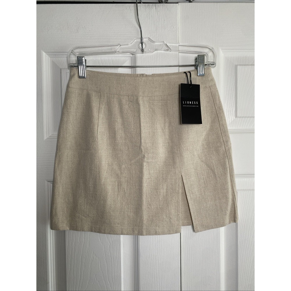 Lioness The Lola Mini Skirt Womens Size 2 Oatmeal Linen Blend Slit Neutral NEW - Picture 1 of 5